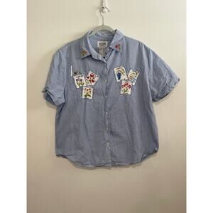 Vintage Embroidered Flower Blue Gingham Cottagecore Button Up Shirt Size L